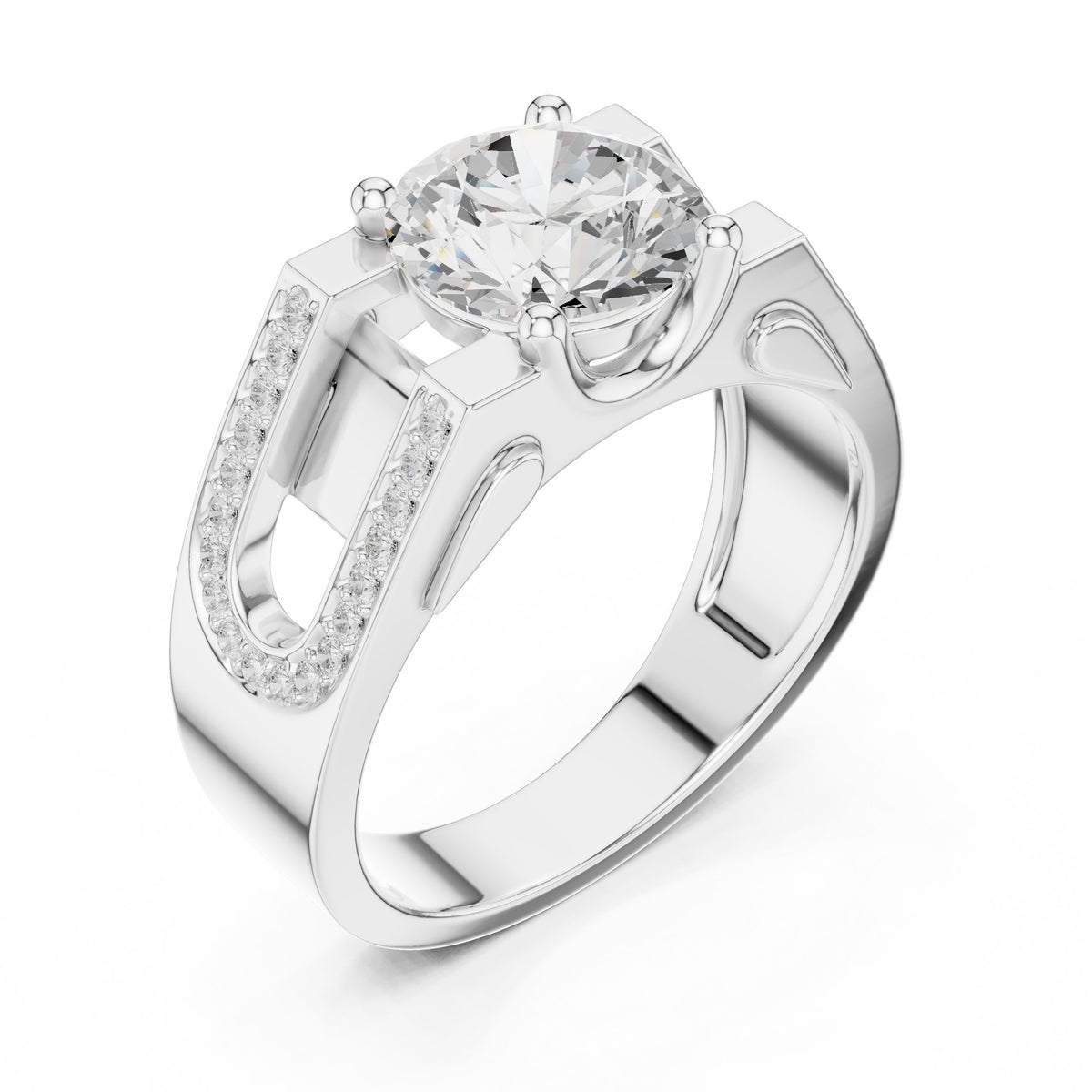 Round Diamond Men's Ring with Pavé Frame in White Gold - VYKA Diamonds