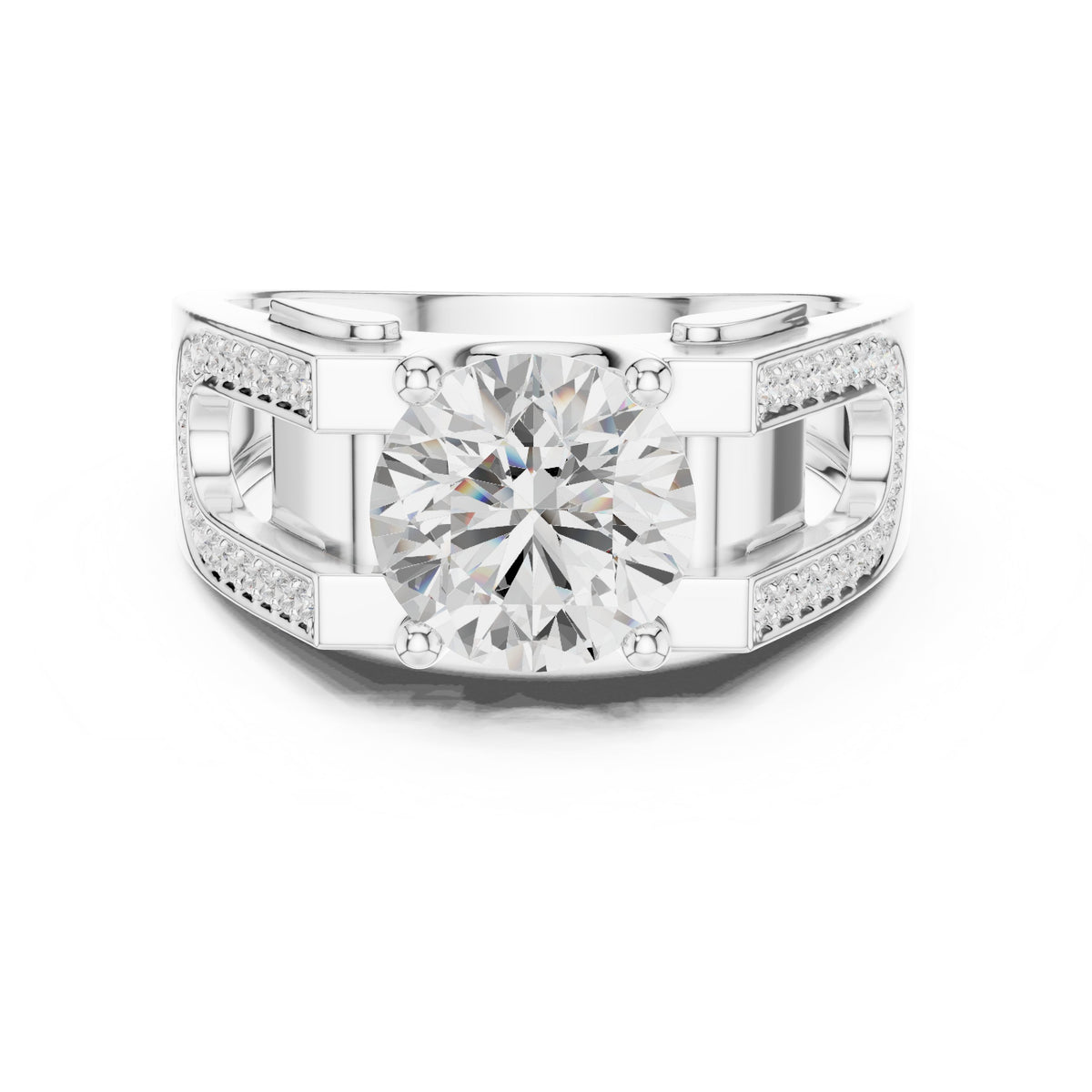 Round Diamond Men's Ring with Pavé Frame