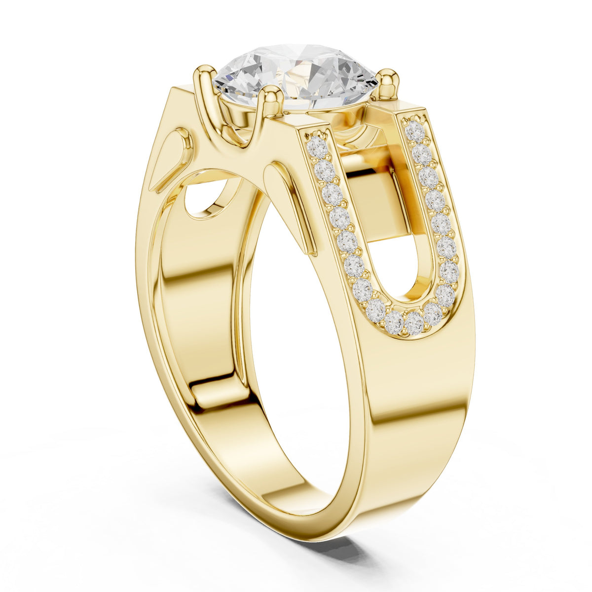 Round Diamond Men's Ring with Pavé Frame