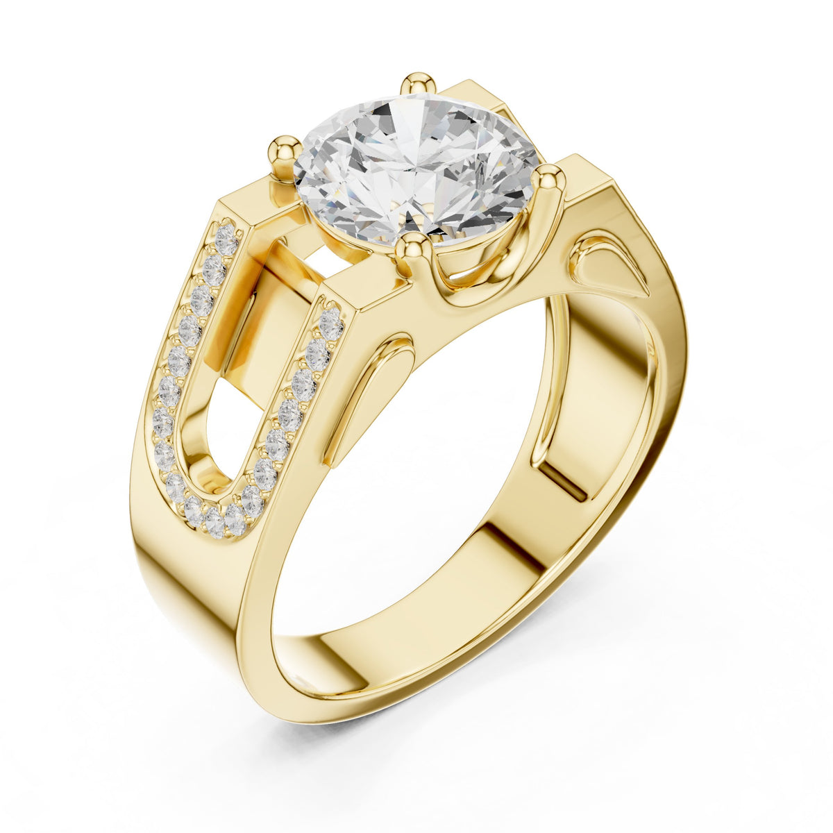 Round Diamond Men's Ring with Pavé Frame