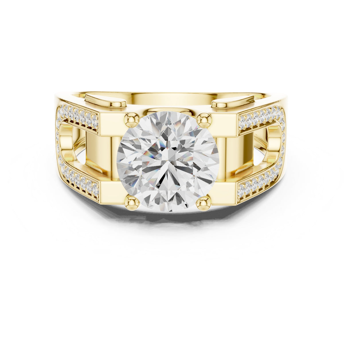 Round Diamond Men's Ring with Pavé Frame