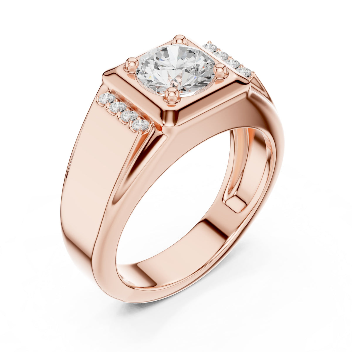 Round Diamond Men's Ring with Square Accent Frame in Rose Gold - VYKA Diamonds