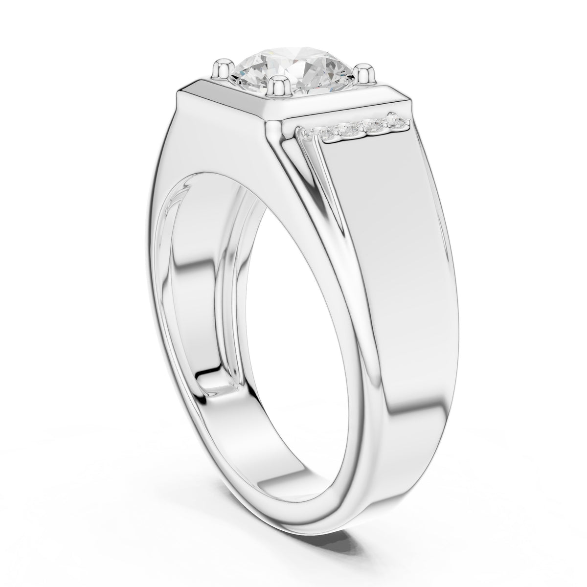 Round Diamond Men's Ring with Square Accent Frame in White Gold - VYKA Diamonds
