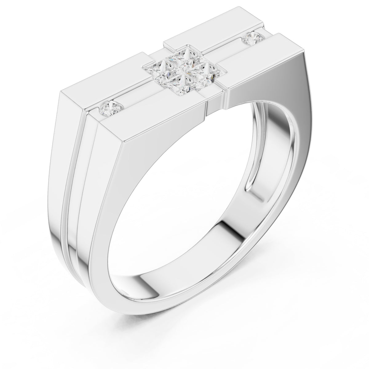 Square Cluster Signet Men's Ring in White Gold - VYKA Diamonds