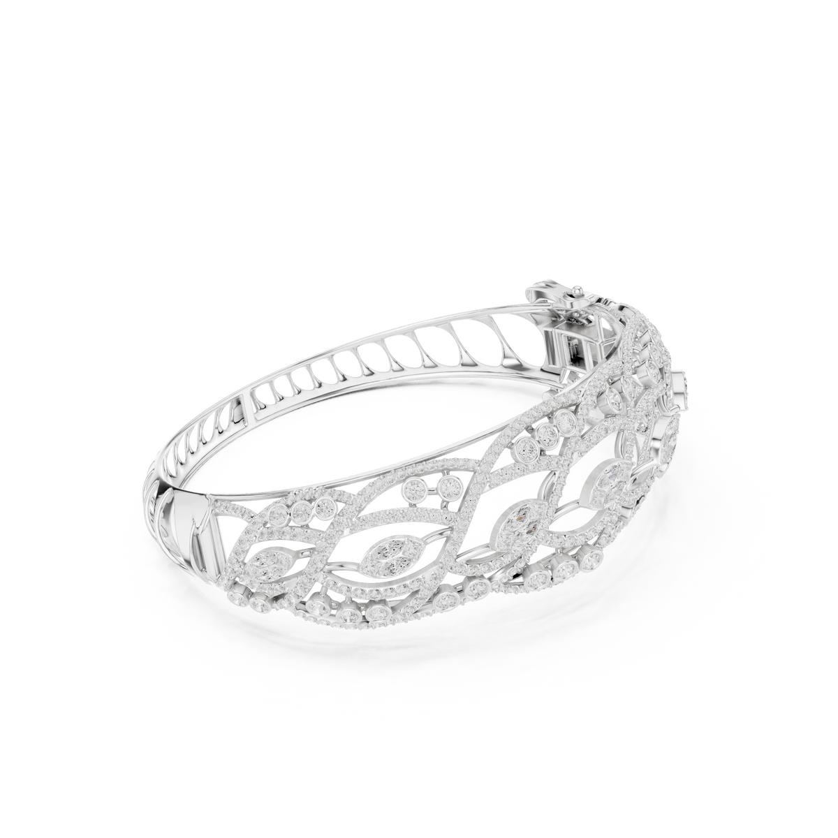 سوار صلب مفتوح بزخارف ماركيز وألماس باڤيه in White Gold - VYKA Diamonds