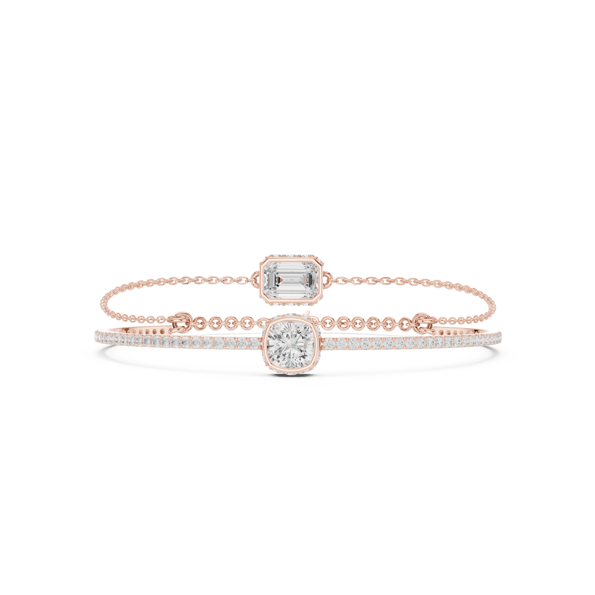 طقم سوارين بألماس إمرلد وكوشن بإطار محيط in Rose Gold - VYKA Diamonds