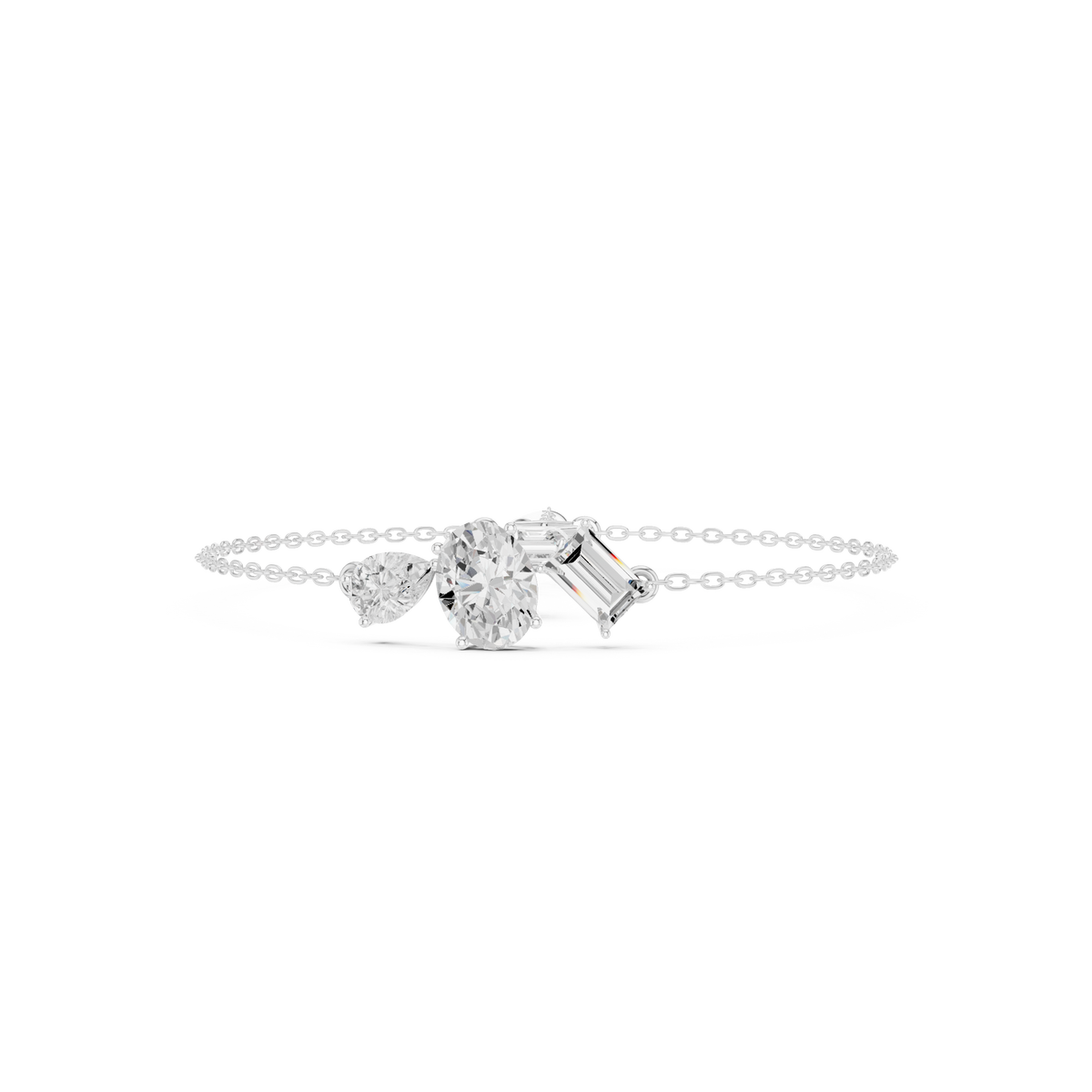 سوار سلسلة بثلاثة أحجار: بيضاوي وكمثرى وإمرلد in White Gold - VYKA Diamonds
