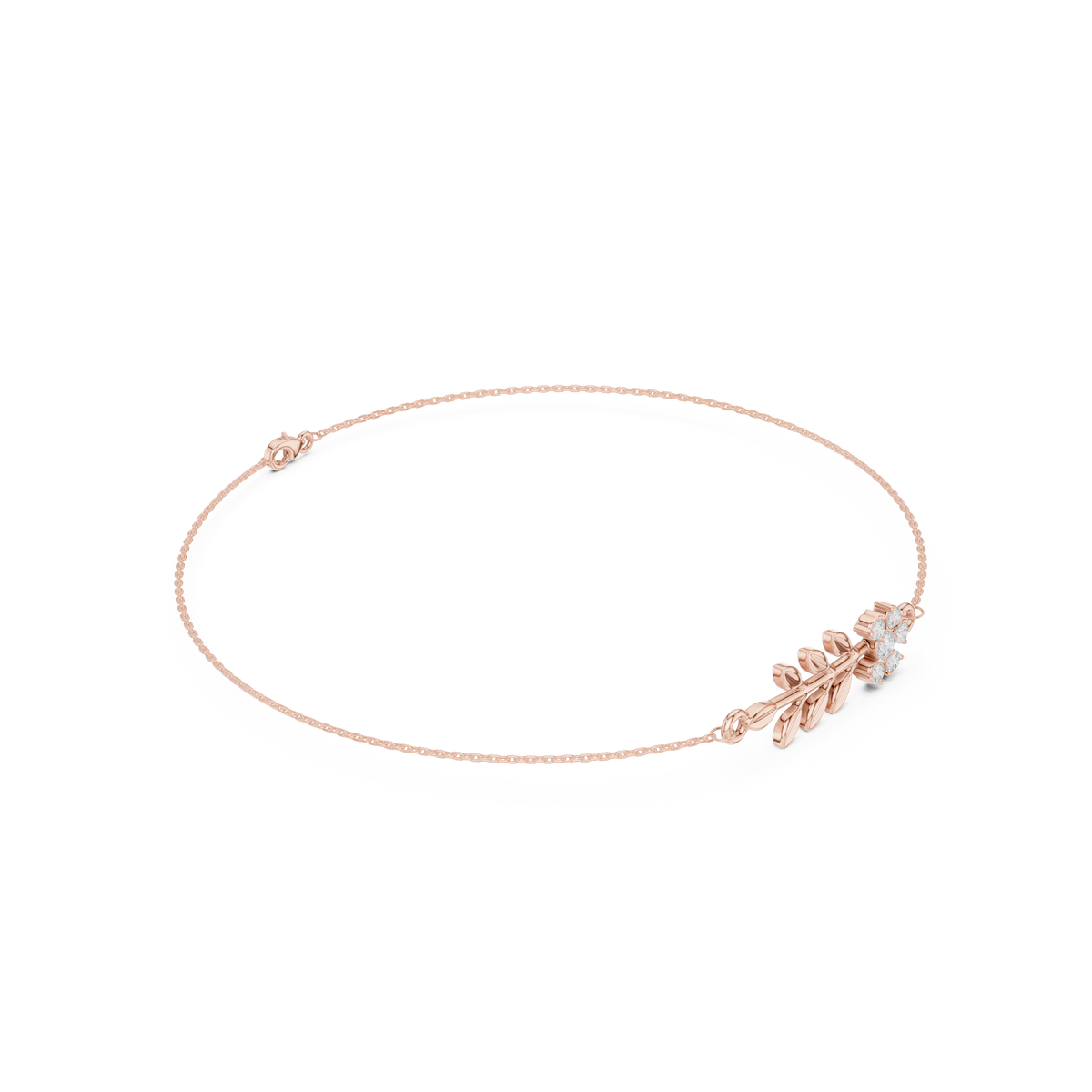 سوار سلك صلب بزهرة ألماس وغصن أوراق in Rose Gold - VYKA Diamonds