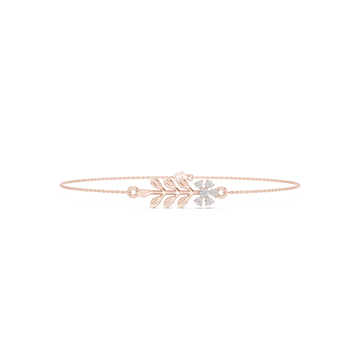سوار سلك صلب بزهرة ألماس وغصن أوراق in Rose Gold - VYKA Diamonds