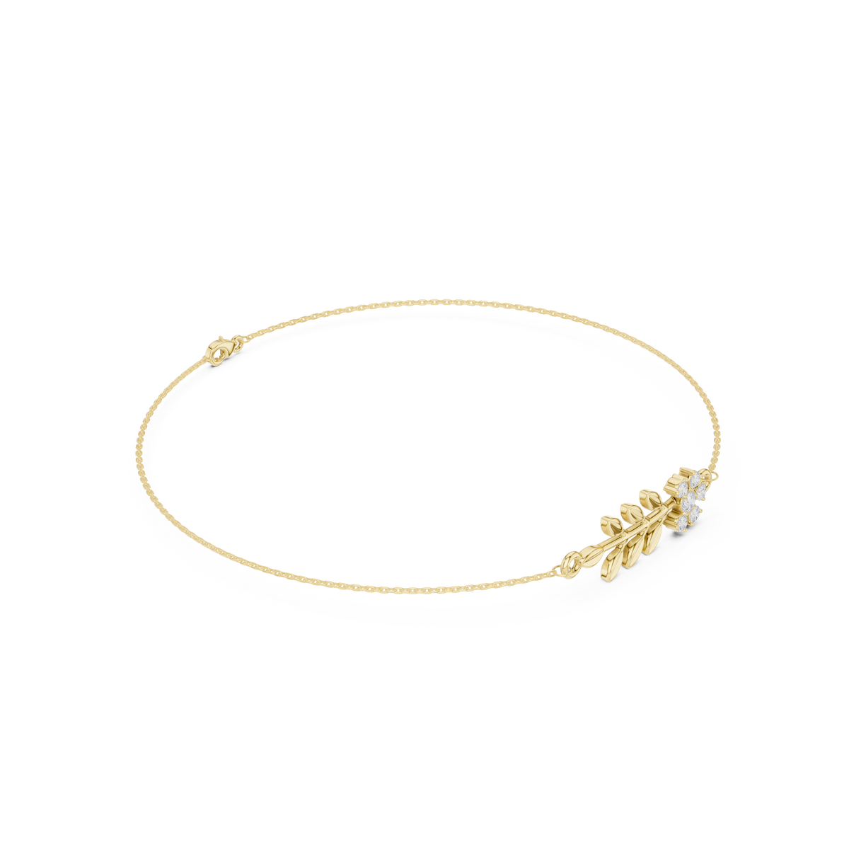 سوار سلك صلب بزهرة ألماس وغصن أوراق in Yellow Gold - VYKA Diamonds