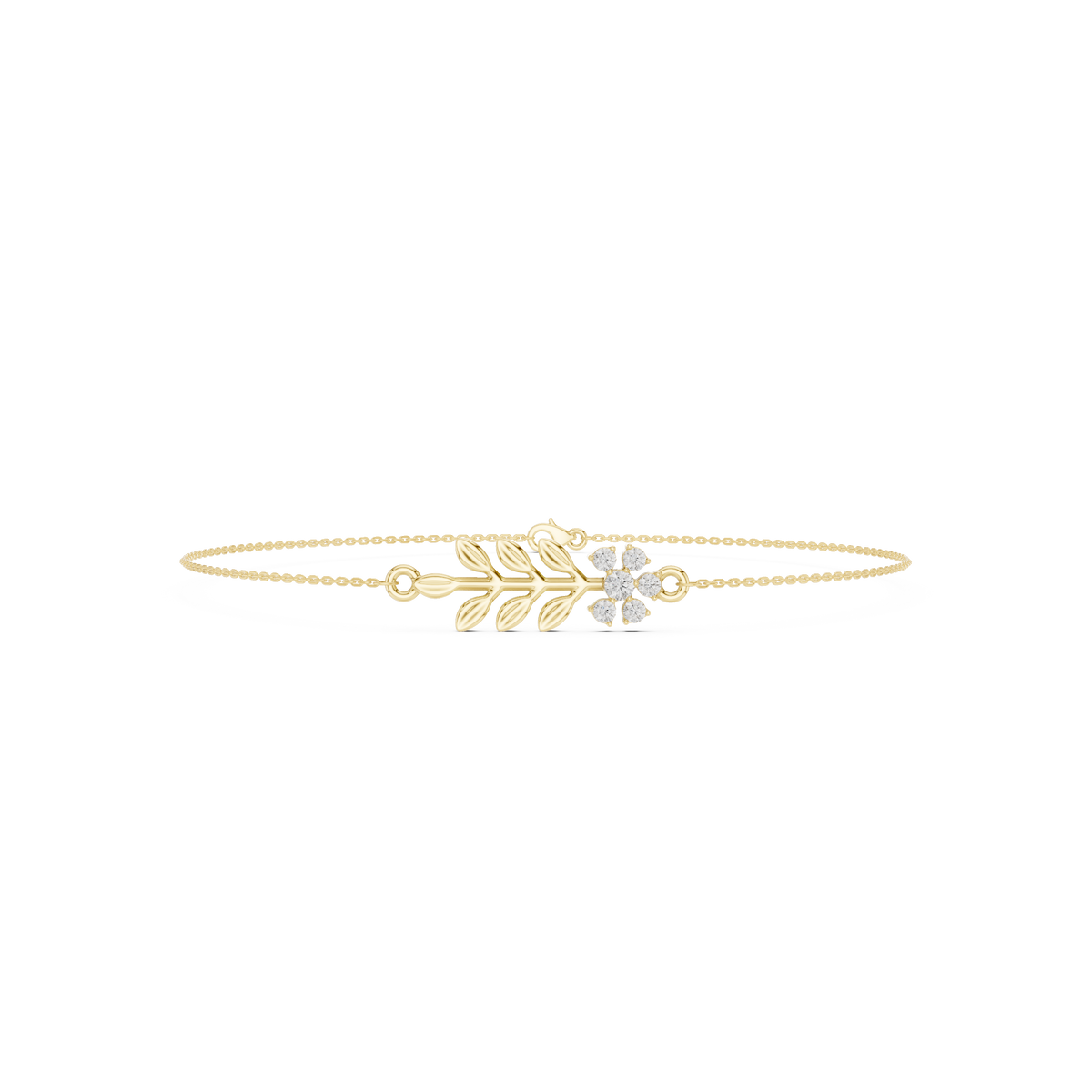 سوار سلك صلب بزهرة ألماس وغصن أوراق in Yellow Gold - VYKA Diamonds