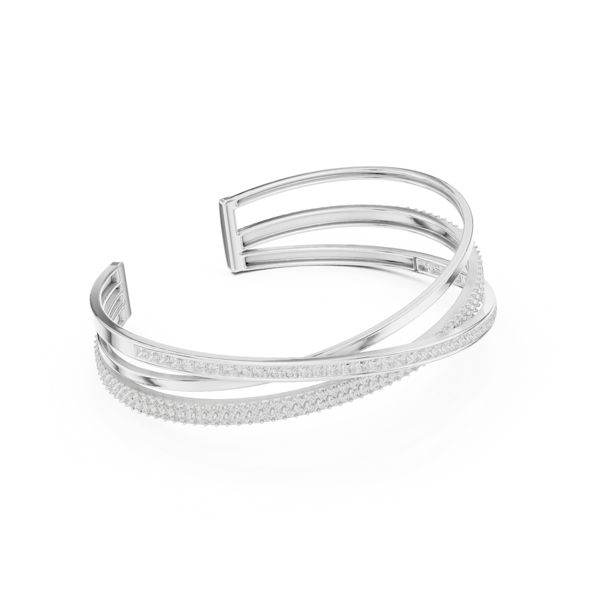سوار صلب مفتوح متقاطع بألماس بترصيع القناة in White Gold - VYKA Diamonds
