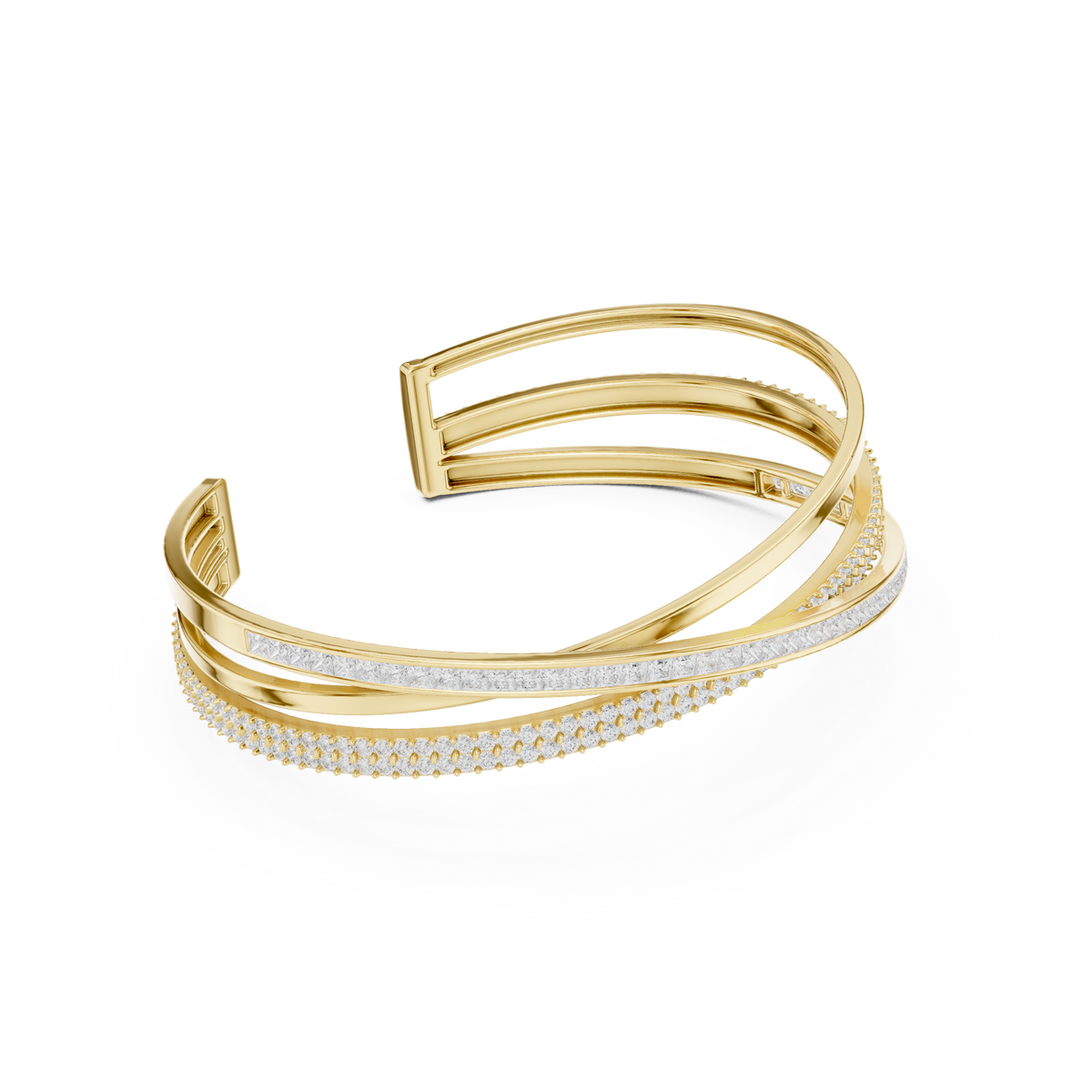 سوار صلب مفتوح متقاطع بألماس بترصيع القناة in Yellow Gold - VYKA Diamonds