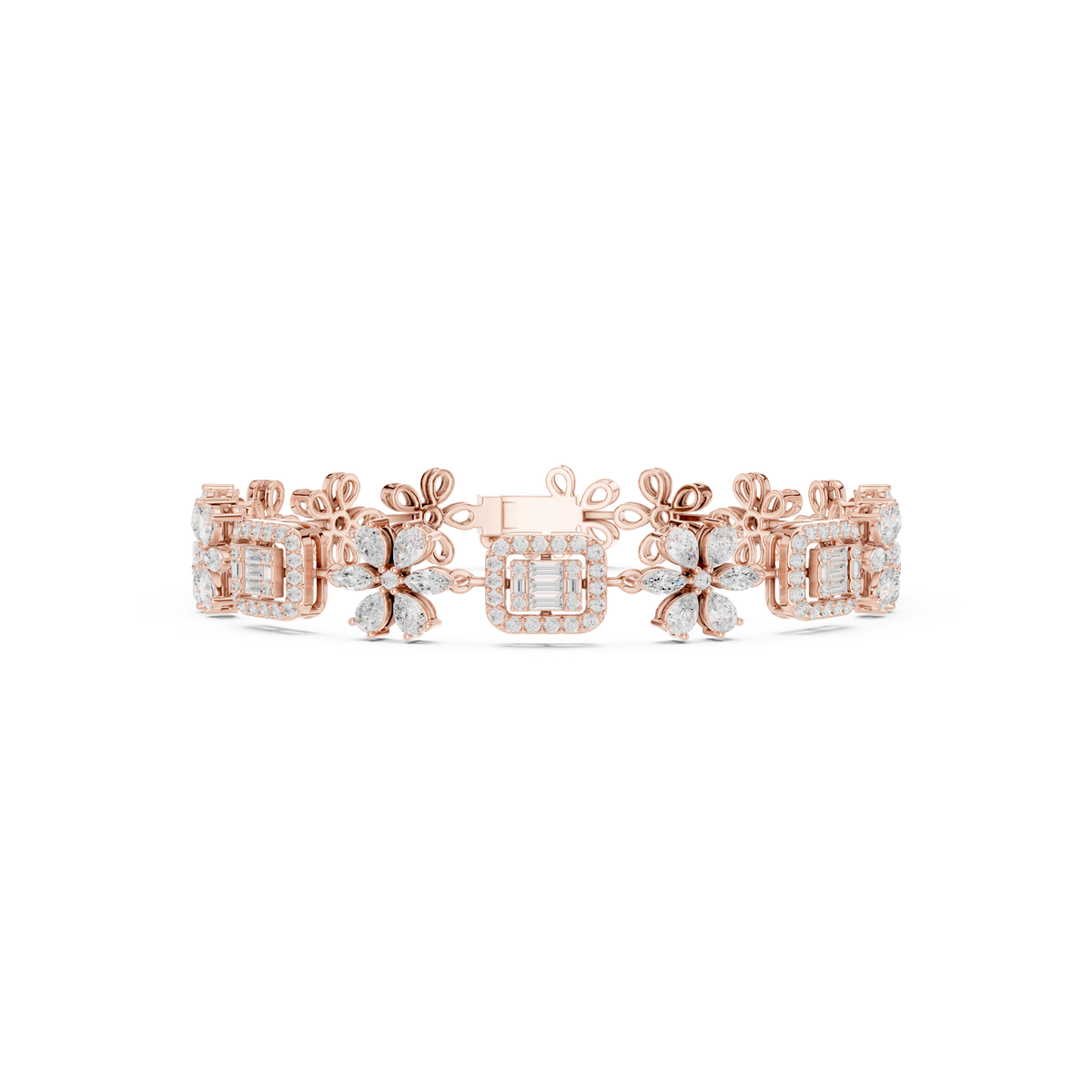 Marquise Flower and Baguette Halo Diamond Bracelet