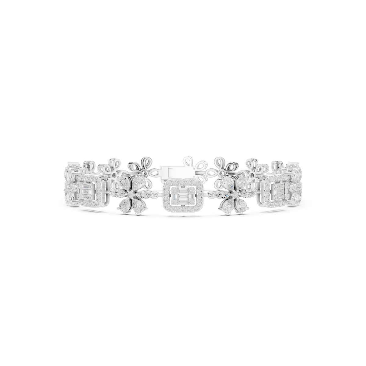 Marquise Flower and Baguette Halo Diamond Bracelet
