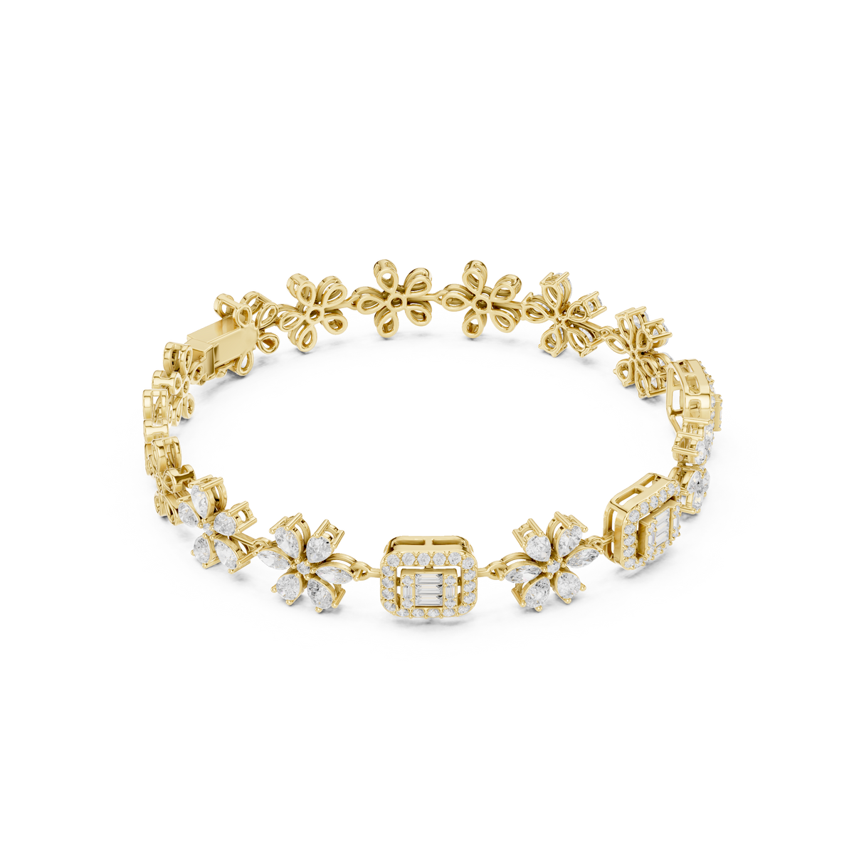 Marquise Flower and Baguette Halo Diamond Bracelet
