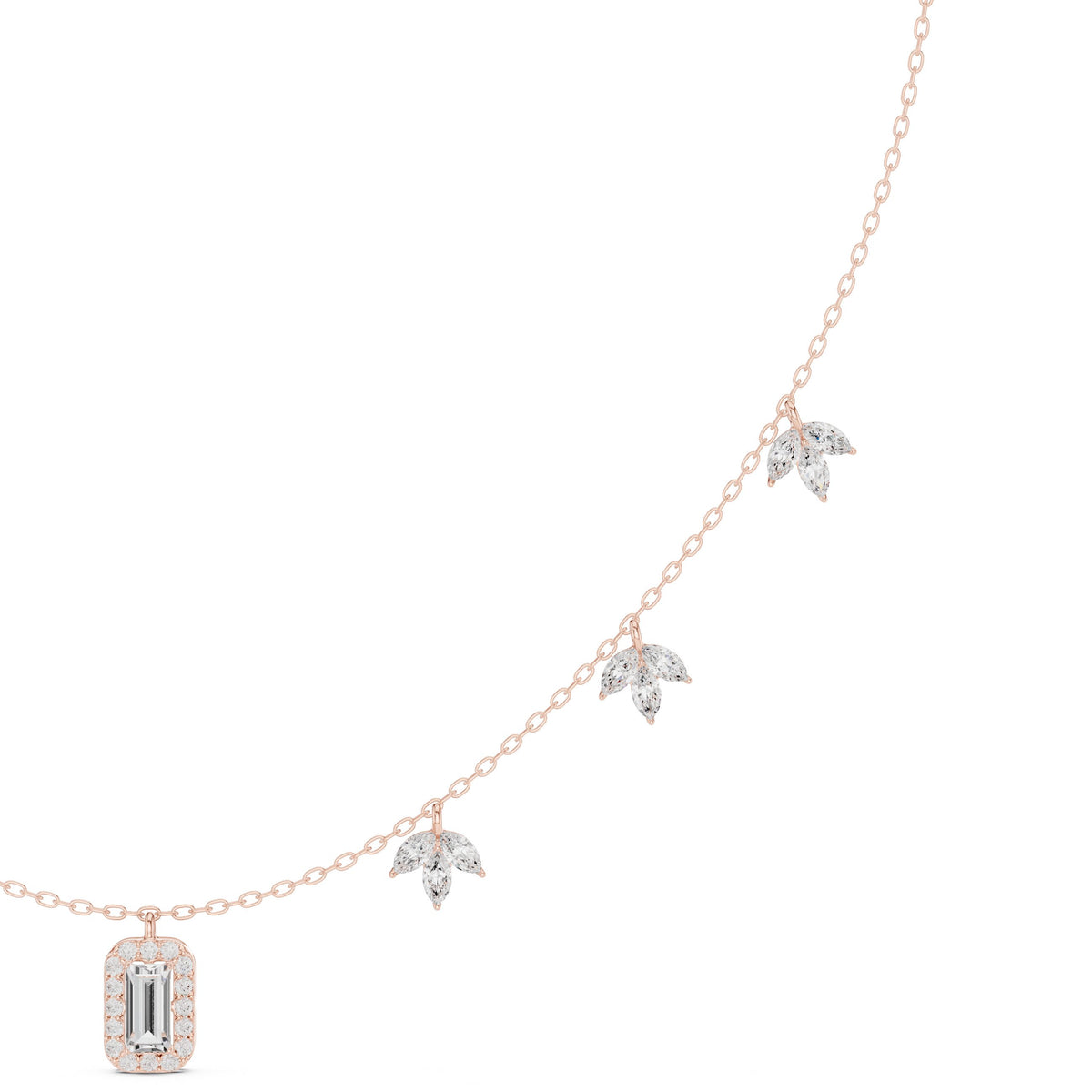 Marquise Leaf and Emerald Halo Diamond Charm Necklace