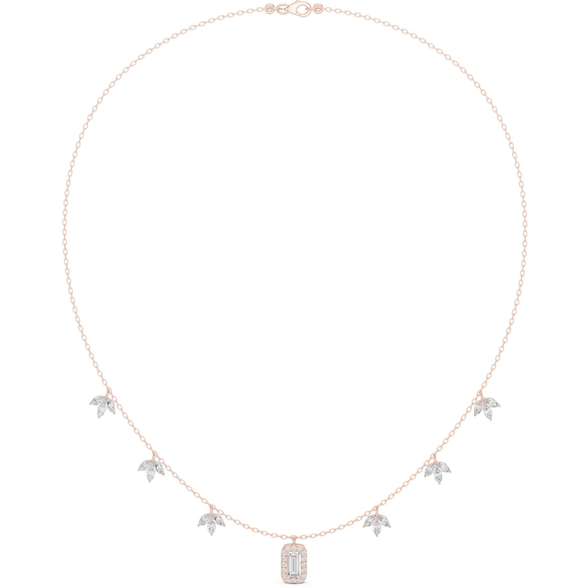 Marquise Leaf and Emerald Halo Diamond Charm Necklace