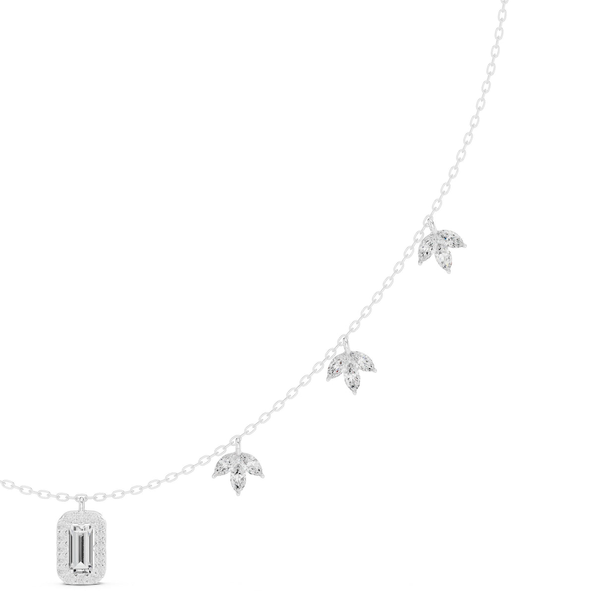 Marquise Leaf and Emerald Halo Diamond Charm Necklace