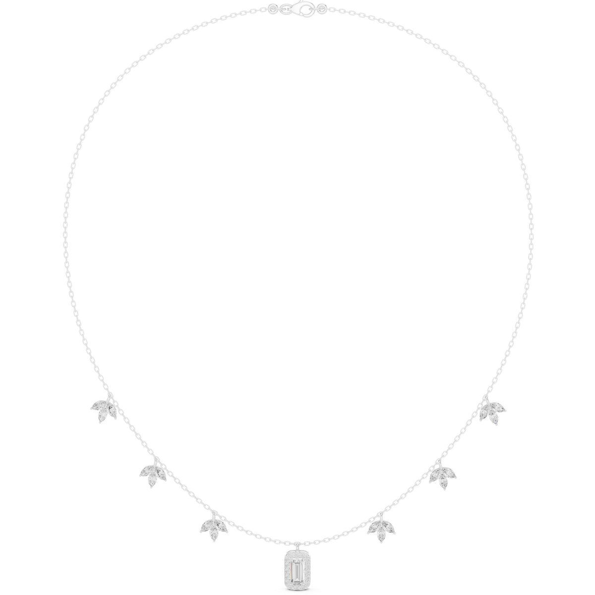 Marquise Leaf and Emerald Halo Diamond Charm Necklace