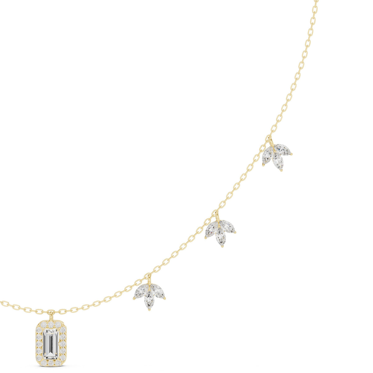 Marquise Leaf and Emerald Halo Diamond Charm Necklace