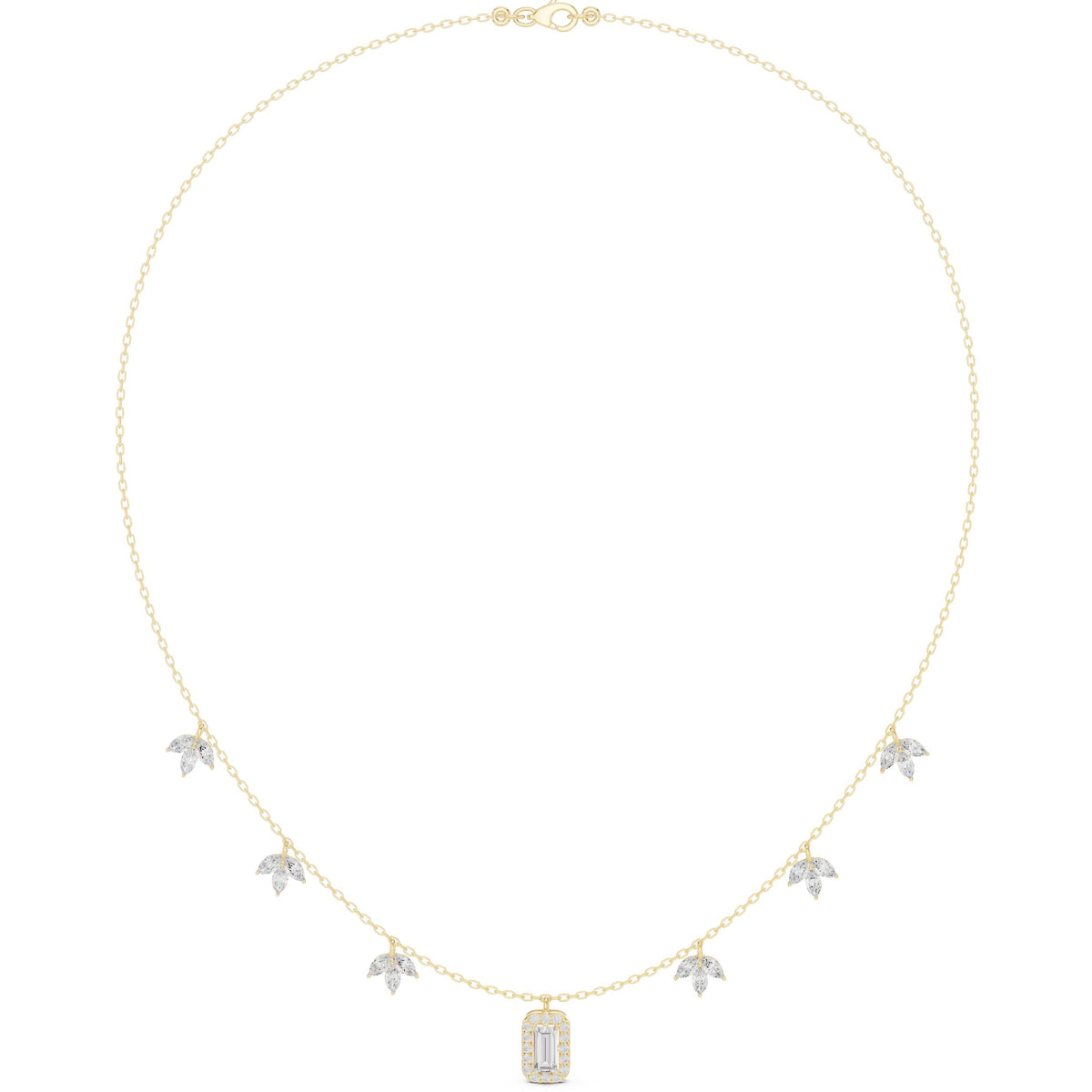 Marquise Leaf and Emerald Halo Diamond Charm Necklace