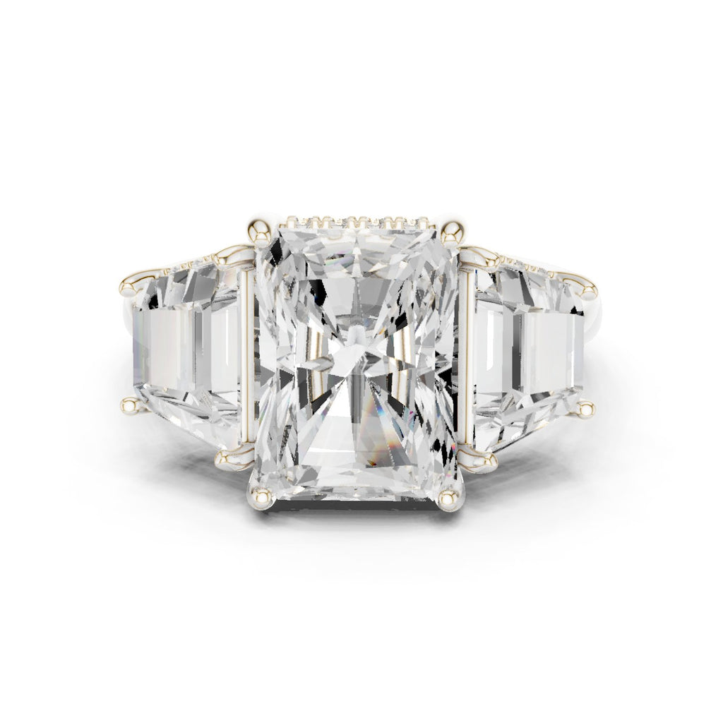 Radiant Cut Three Stone Engagement Ring with Trapezoid Side Stones