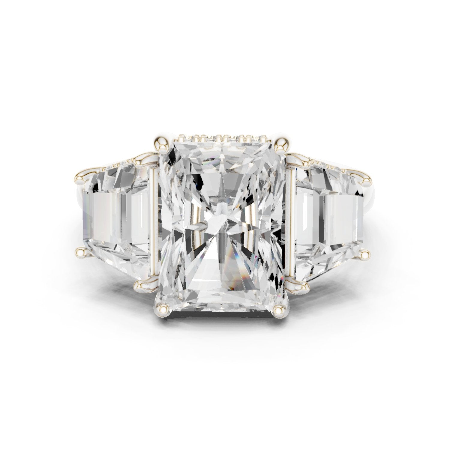 Radiant Cut Three Stone Engagement Ring with Trapezoid Side Stones