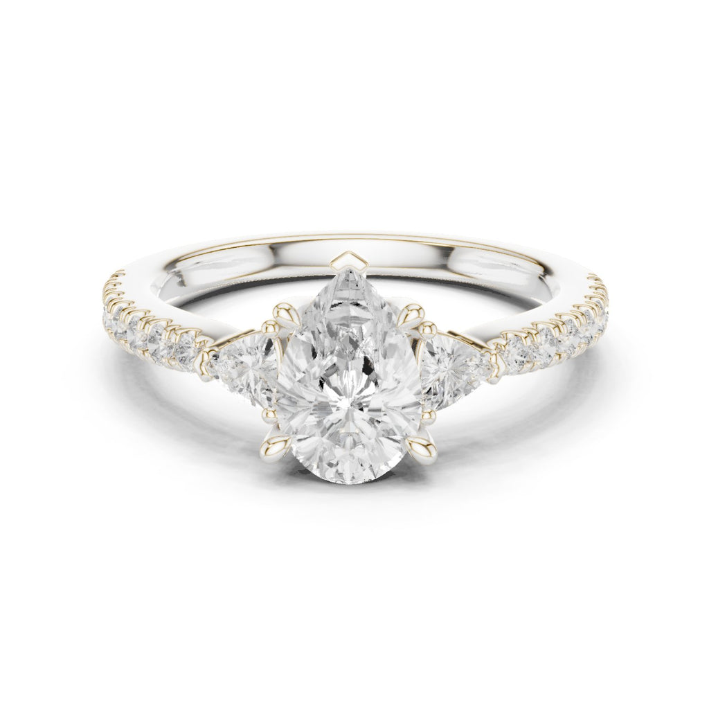 Pear Diamond Three Stone Engagement Ring with Trilliant Sides and Pavé Band