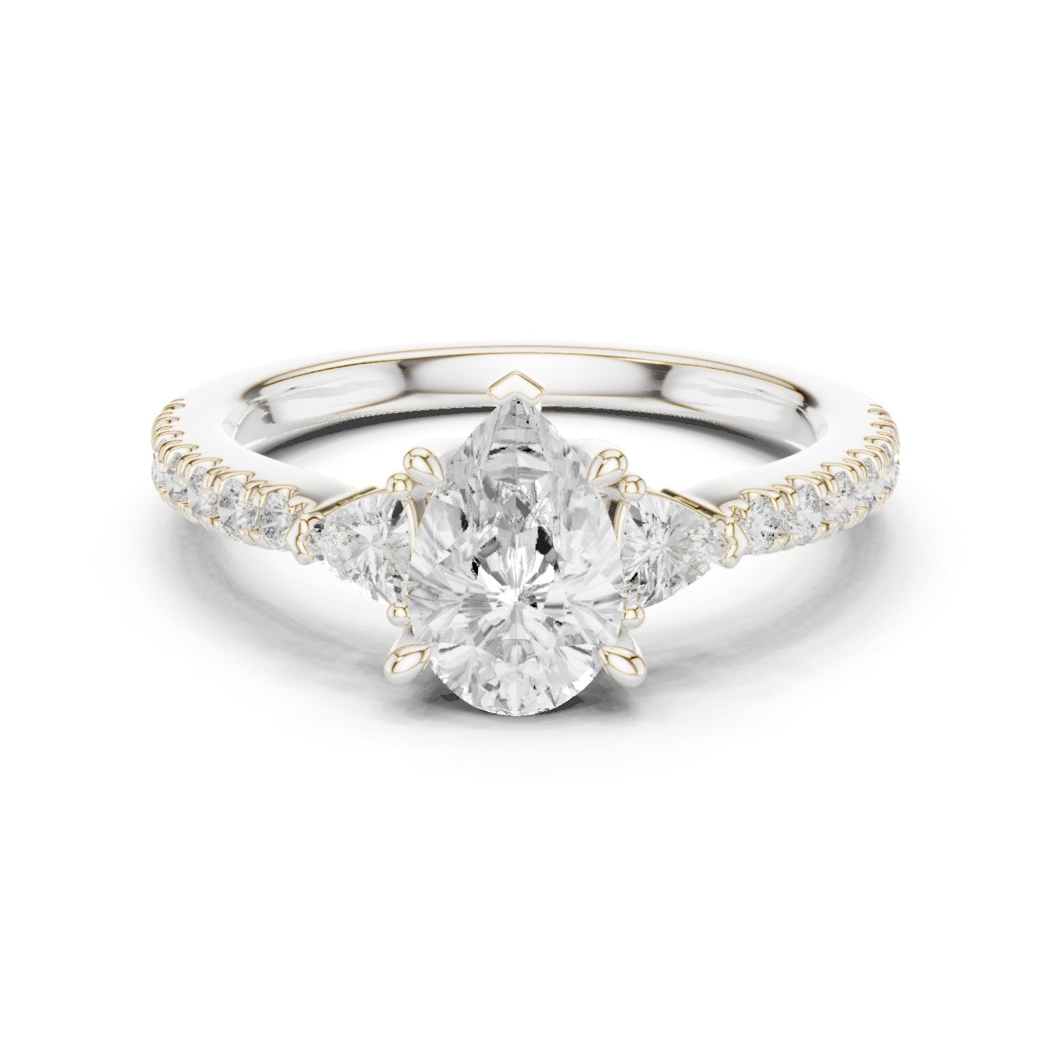 Pear Diamond Three Stone Engagement Ring with Trilliant Sides and Pavé Band