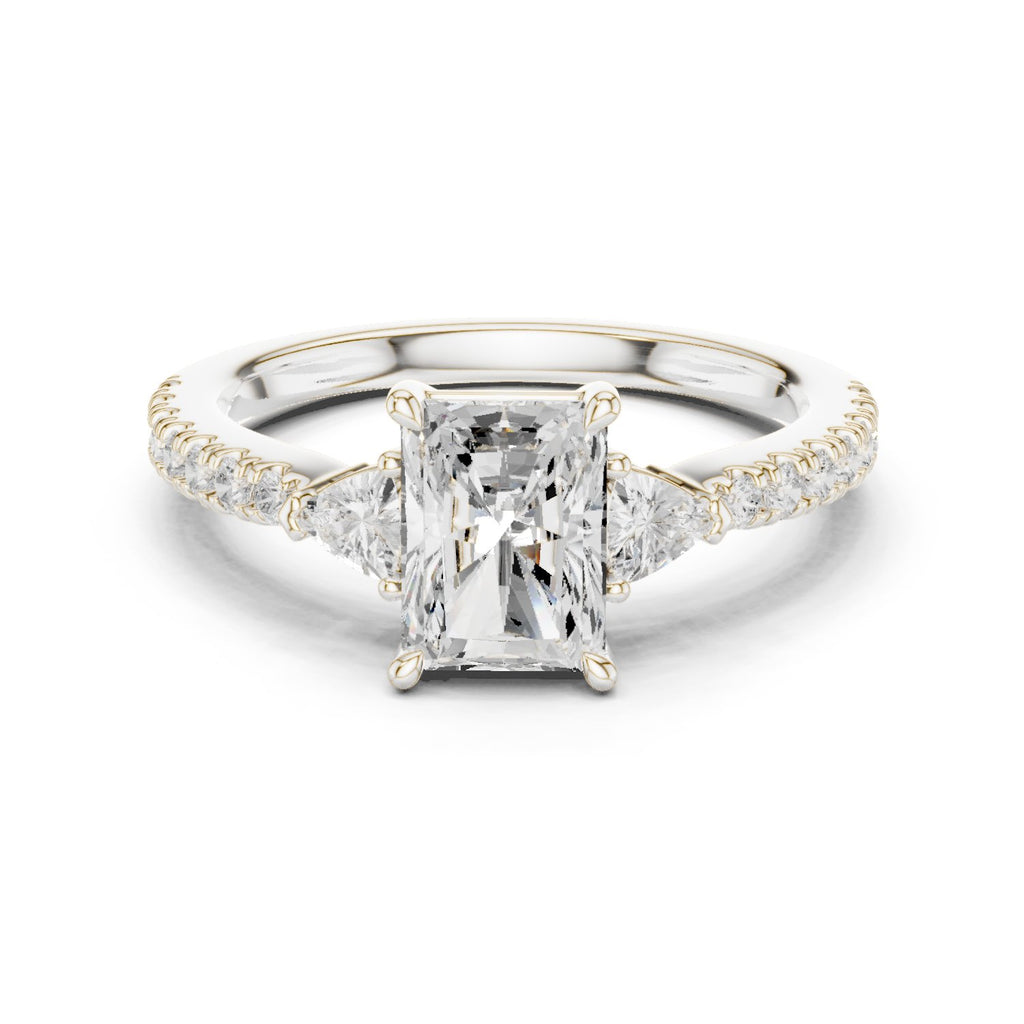 Radiant Cut Three Stone Engagement Ring with Trilliant Sides and Pavé Band