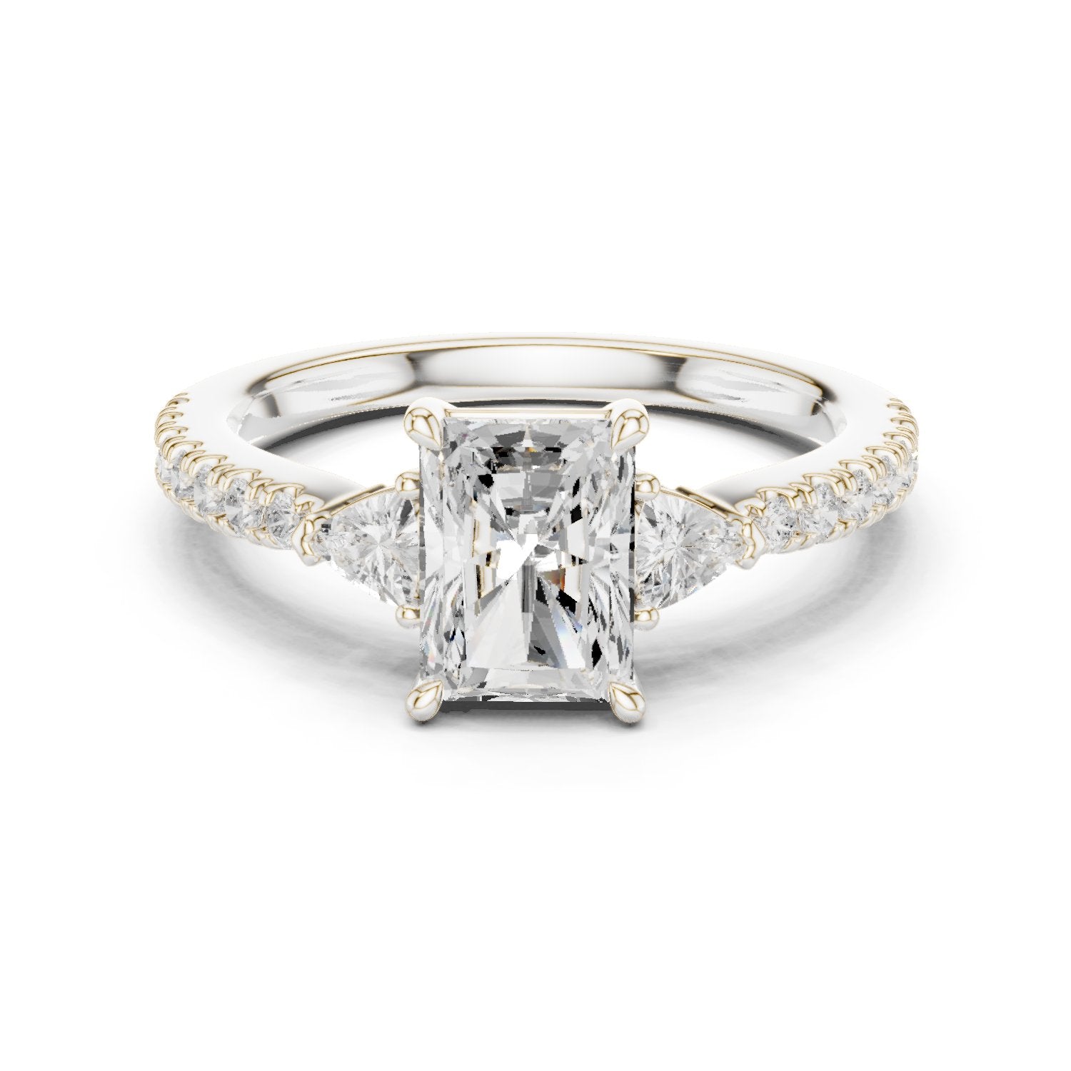 Radiant Cut Three Stone Engagement Ring with Trilliant Sides and Pavé Band