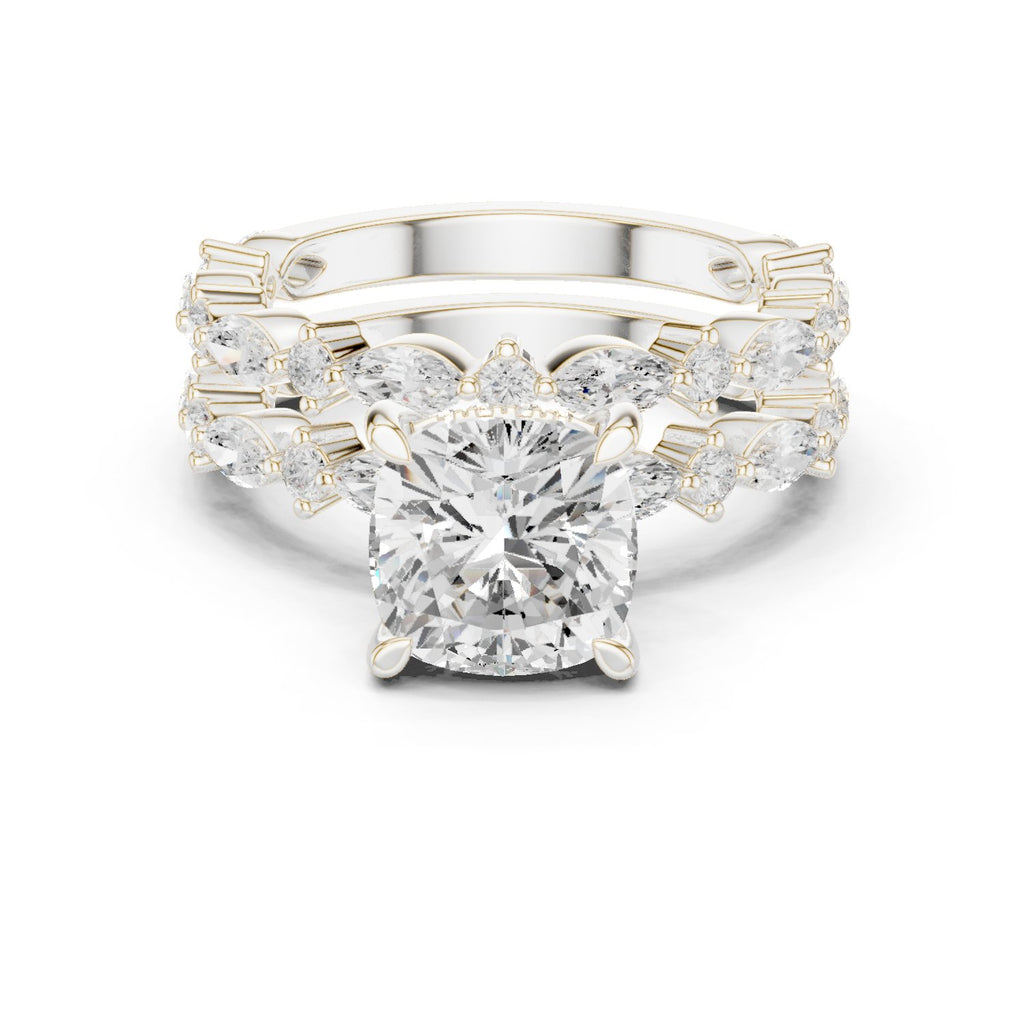 Cushion Cut Engagement Ring with Marquise Vine Cluster Band