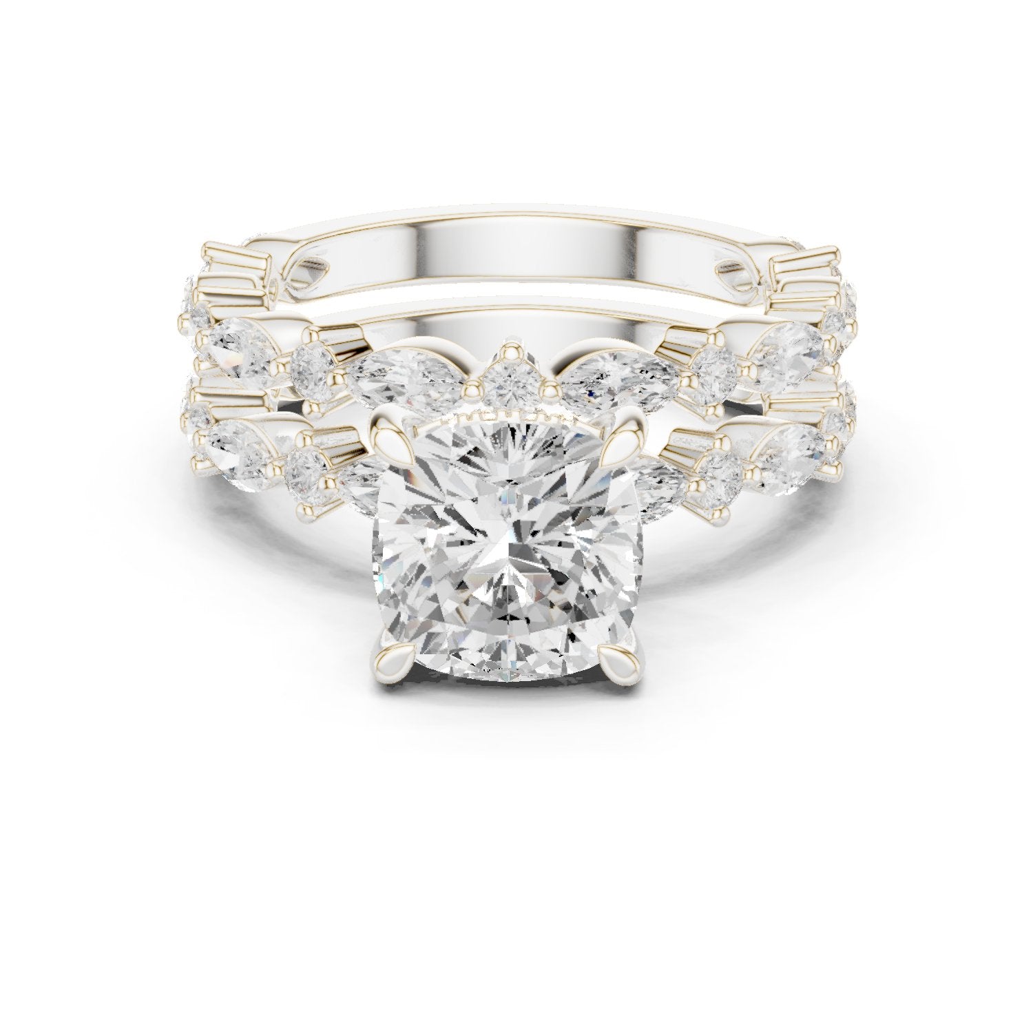 Cushion Cut Engagement Ring with Marquise Vine Cluster Band