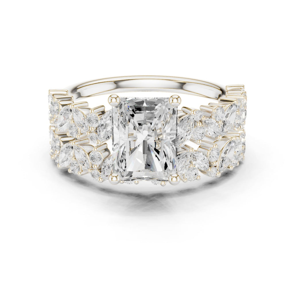 Radiant Cut Engagement Ring with Marquise Vine Cluster Band
