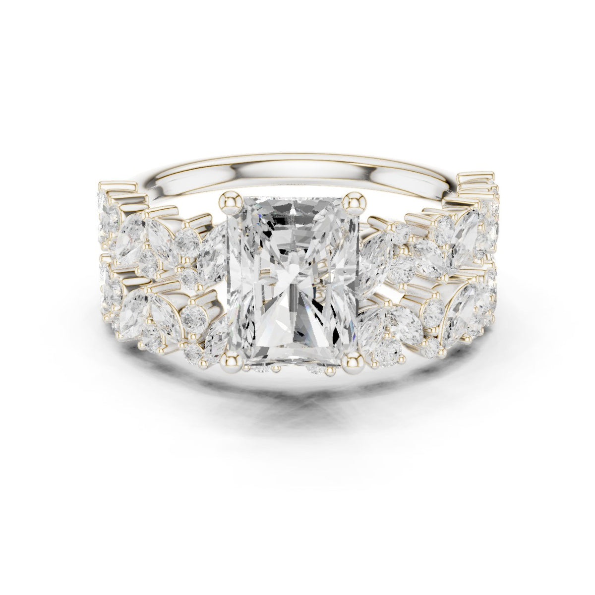 Radiant Cut Engagement Ring with Marquise Vine Cluster Band