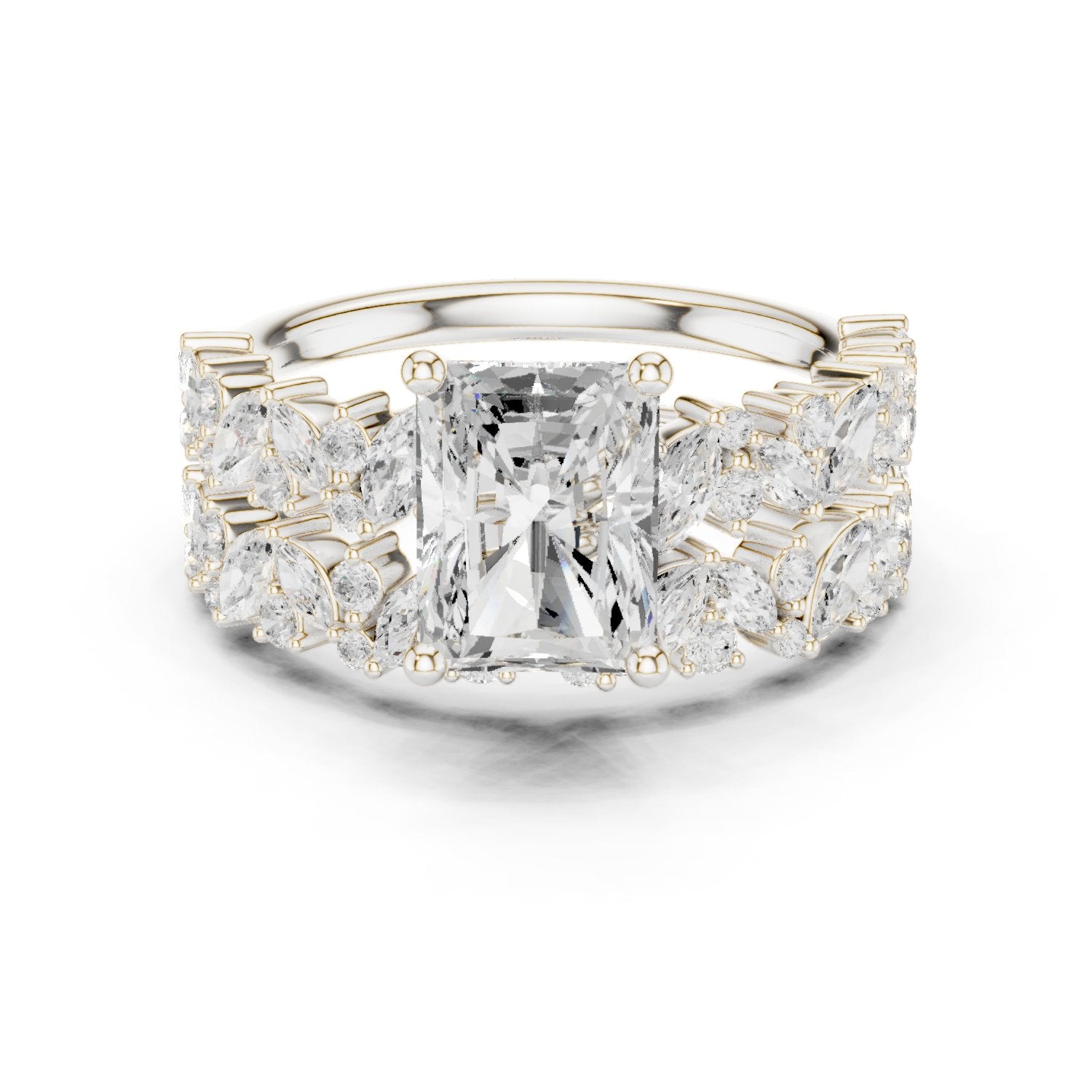 Radiant Cut Engagement Ring with Marquise Vine Cluster Band