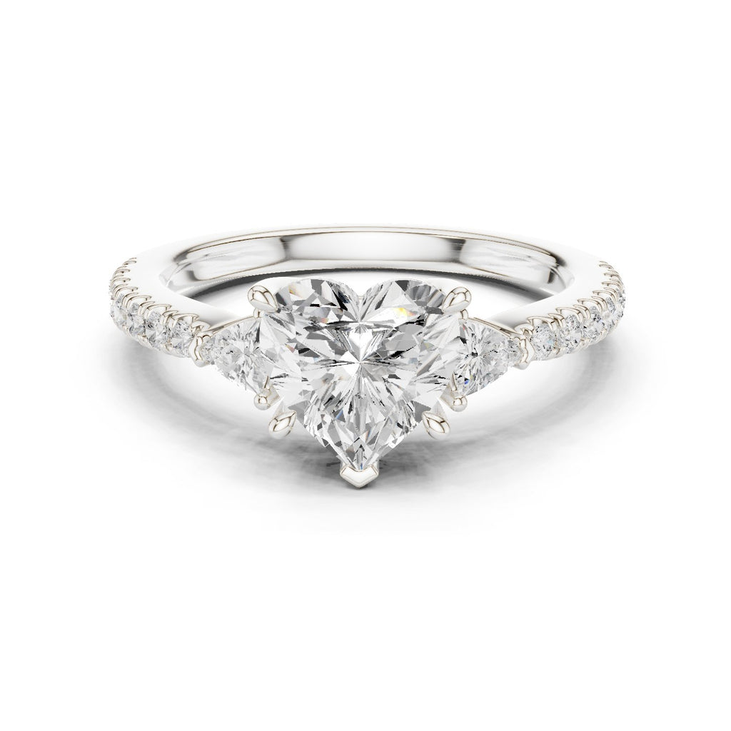 Heart Cut Three Stone Engagement Ring with Trilliant Sides and Pavé Band