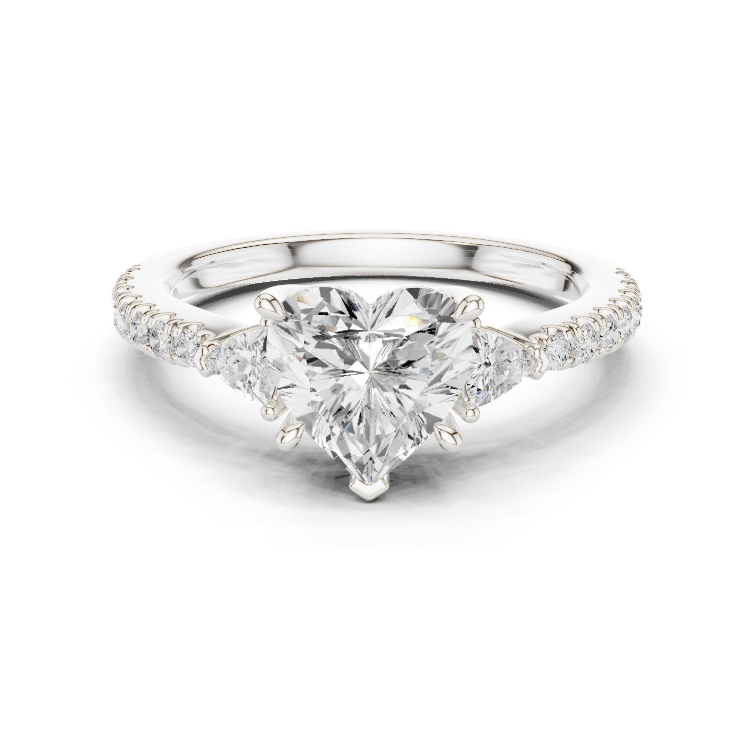 Heart Cut Three Stone Engagement Ring with Trilliant Sides and Pavé Band