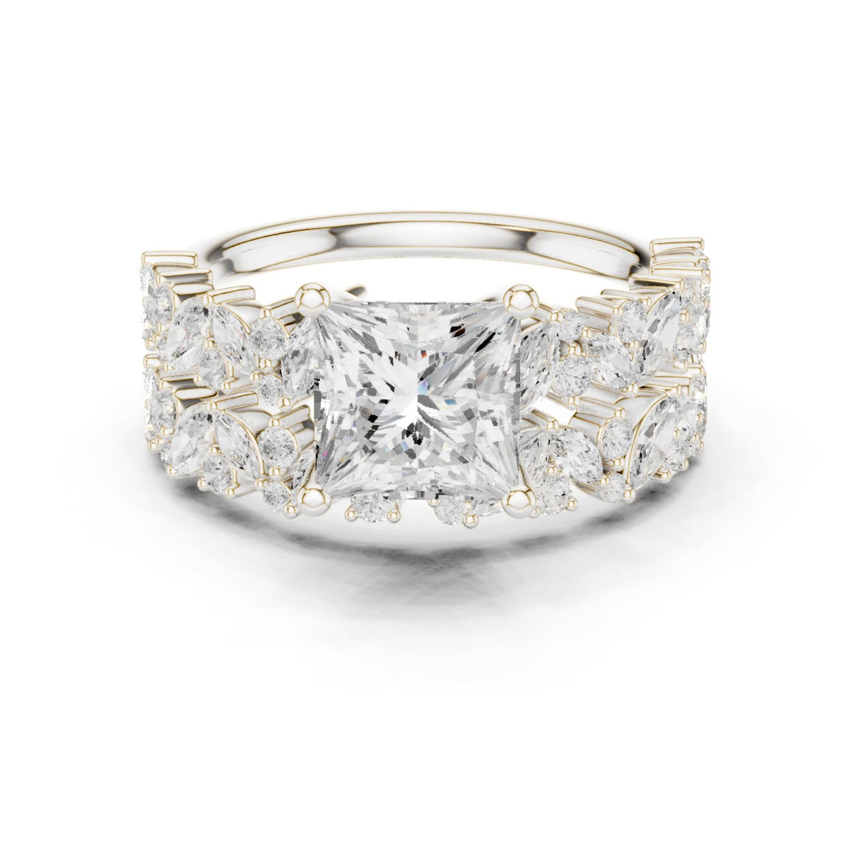 Princess Cut Engagement Ring with Marquise Vine Cluster Band