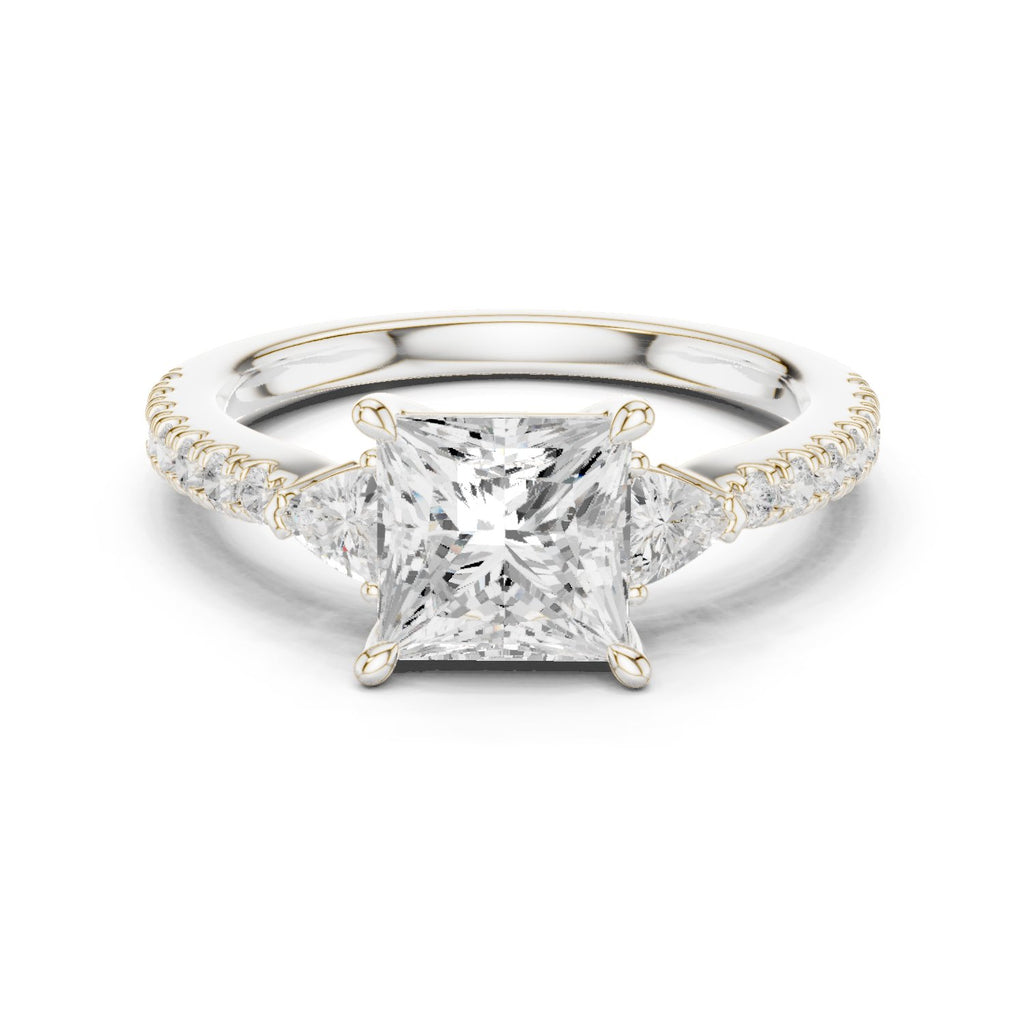 Princess Cut Engagement Ring with Trilliant Side Accents and Pavé Band