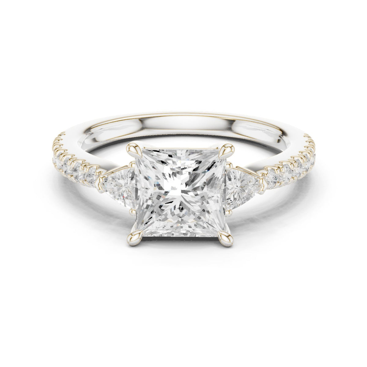 Princess Cut Engagement Ring with Trilliant Side Accents and Pavé Band