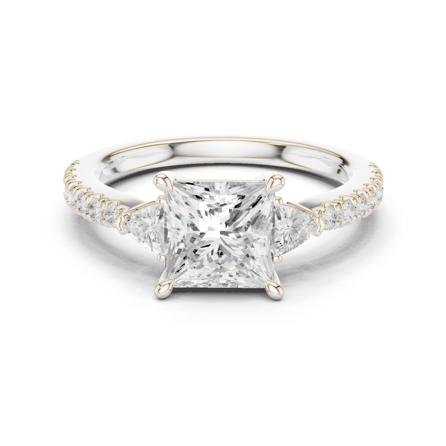 Princess Cut Engagement Ring with Trilliant Side Accents and Pavé Band