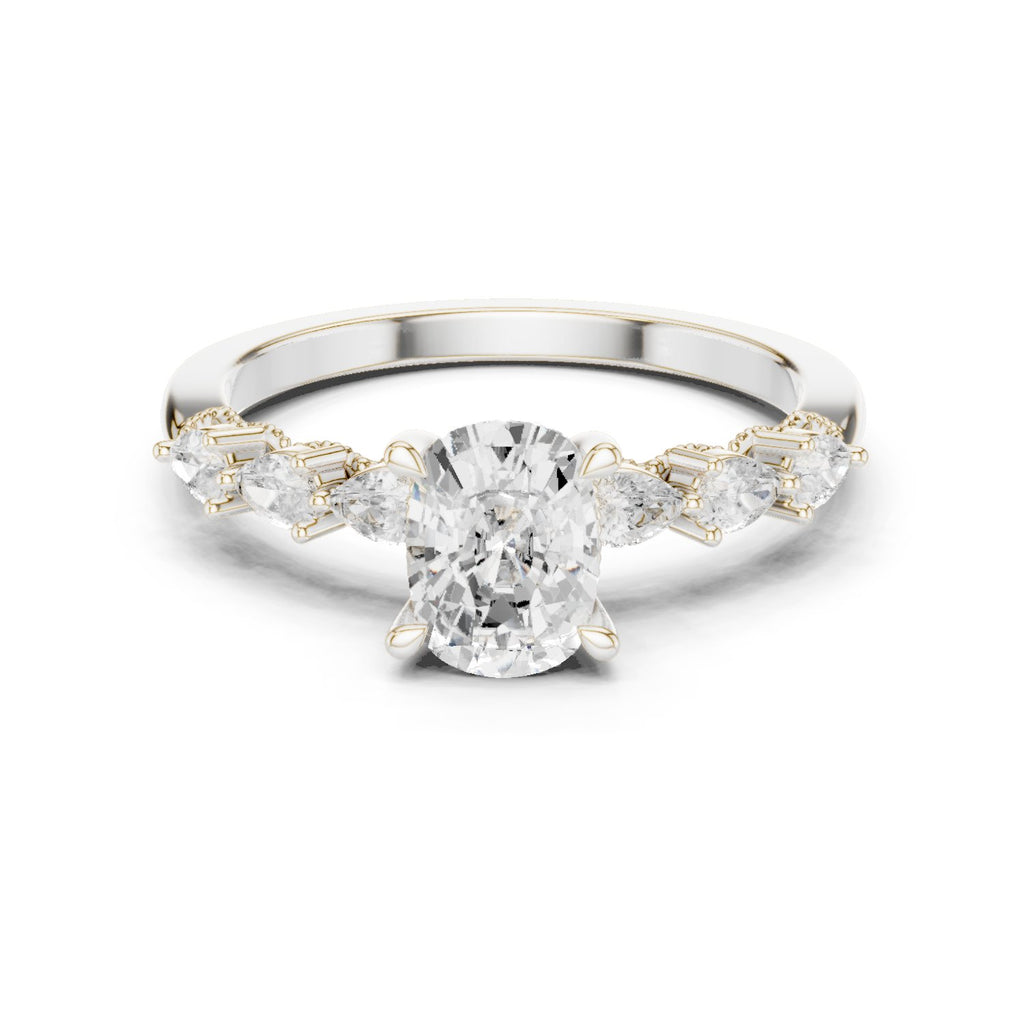 Oval Diamond Engagement Ring with Marquise and Round Side Accents