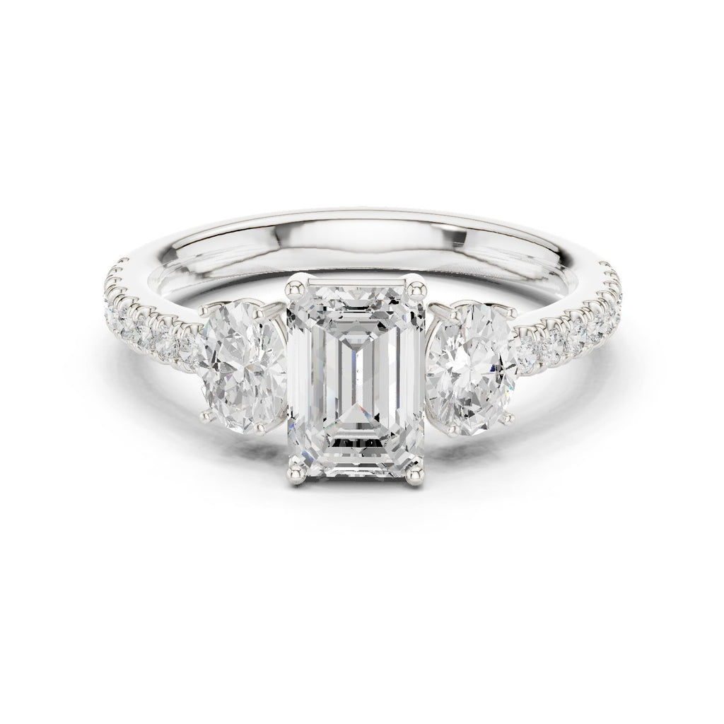 Emerald Cut Three Stone Engagement Ring with Oval Sides and Pavé Band