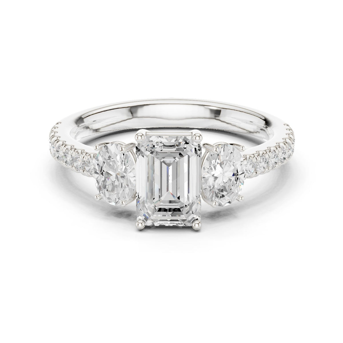 Emerald Cut Three Stone Engagement Ring with Oval Sides and Pavé Band