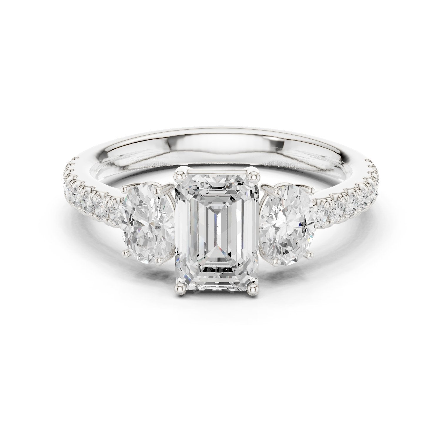 Emerald Cut Three Stone Engagement Ring with Oval Sides and Pavé Band