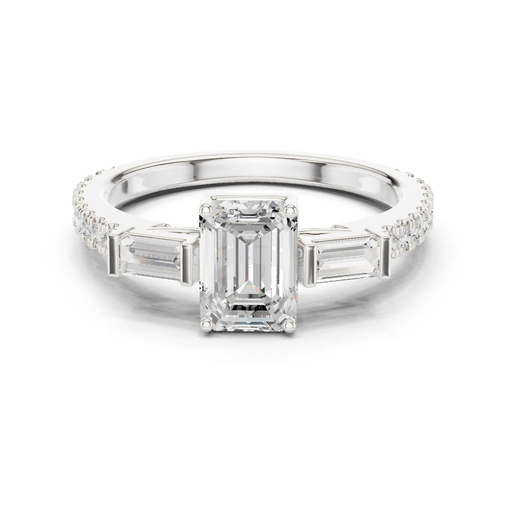 Emerald Cut Three Stone Engagement Ring with Baguette Sides and Pavé Band