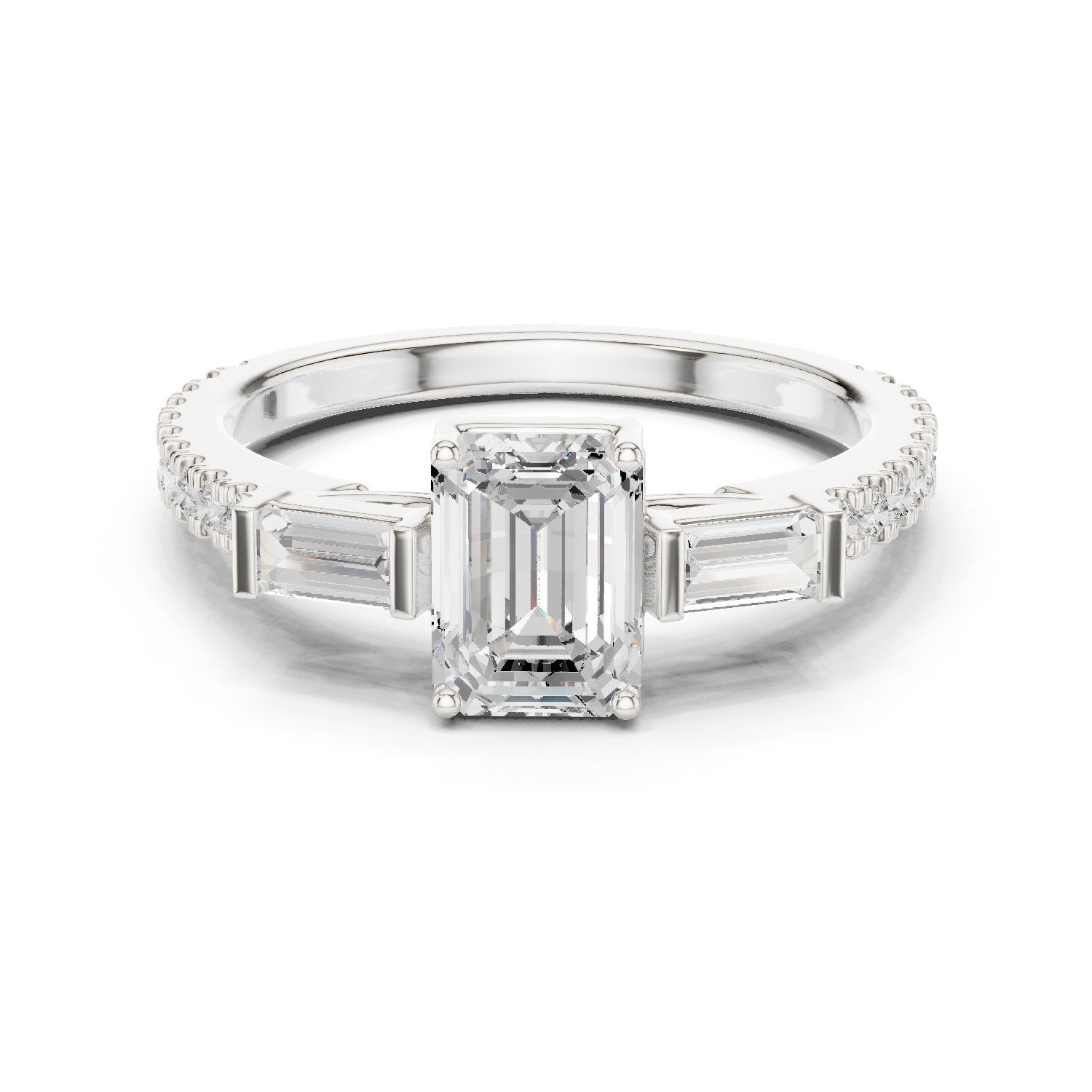 Emerald Cut Three Stone Engagement Ring with Baguette Sides and Pavé Band