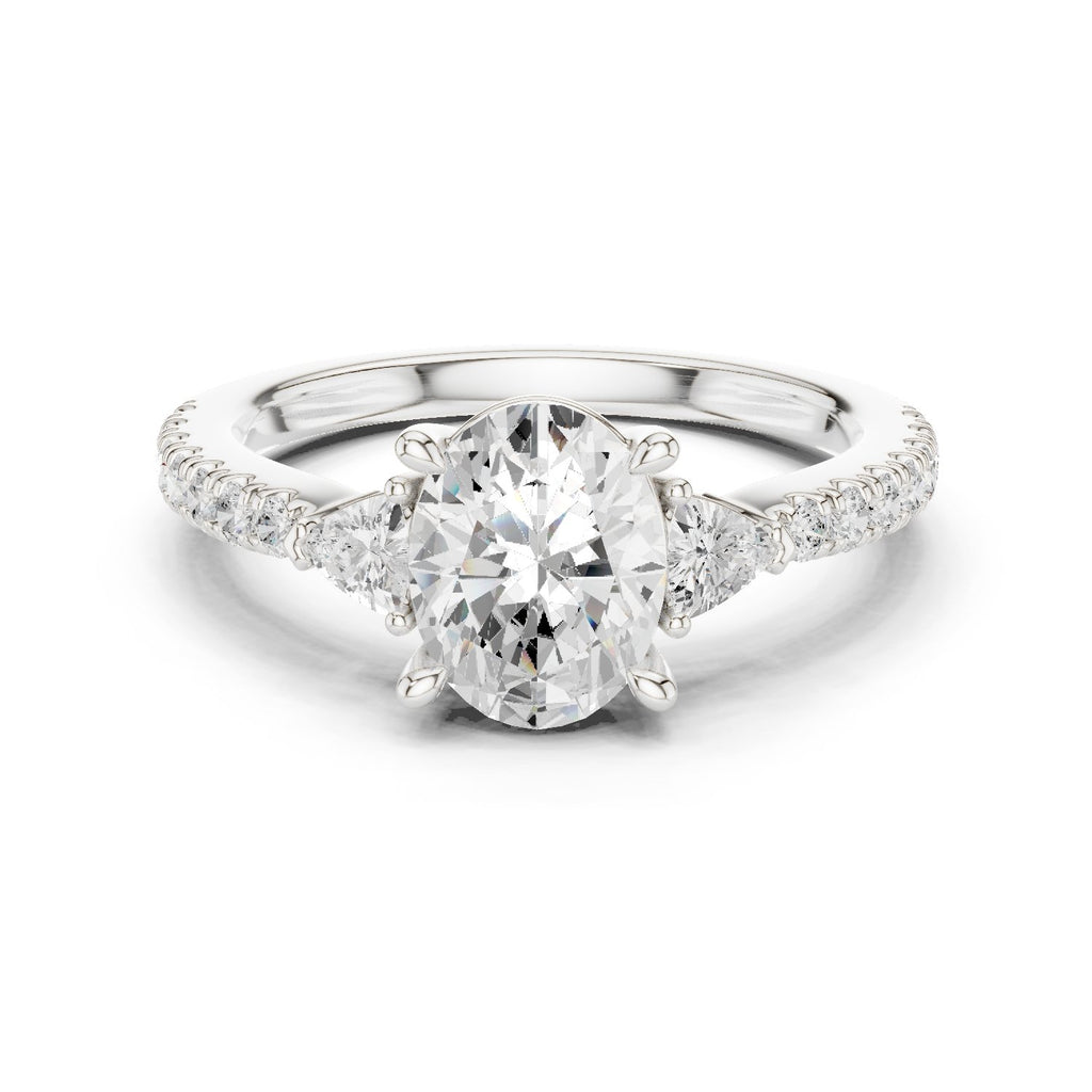 Oval Diamond Three Stone Engagement Ring with Trilliant Sides and Pavé Band
